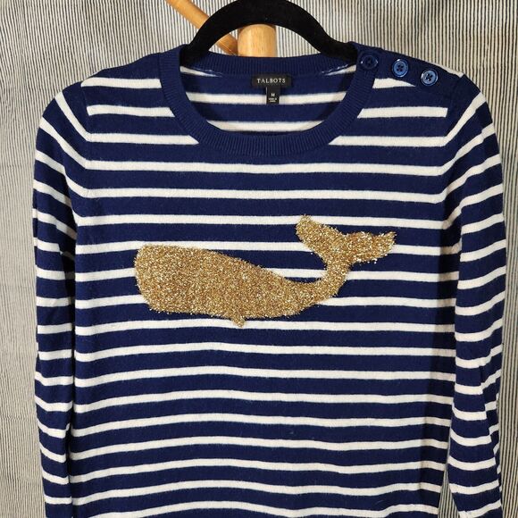 Talbots $89 Medium Gold Tinsel Whale Blue Striped Lambswool Nautical Sweater - Picture 4 of 10